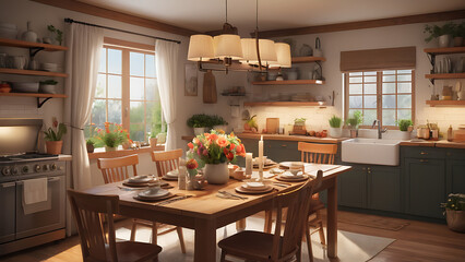 A wooden dining table set in a cozy kitchen, adorned with a home-cooked meal, candles, and a vase of fresh flowers