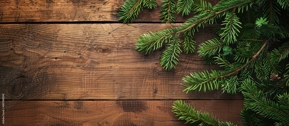 Aufkleber Wooden board with a Christmas green fir tree creating a New Year background with copy space image