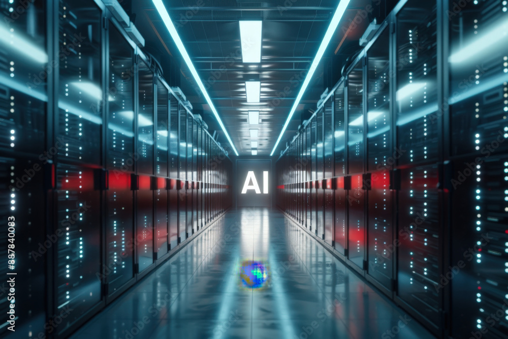 Aufkleber server room hosting powerful computers is glowing in blue and red light with the ai logo at the end 