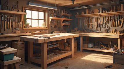 A sturdy workbench in a workshop, cluttered with tools, wood shavings, and a half-finished project, highlighting the craftsmanship