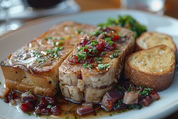 Foie Gras A slice of Foie Gras terrine served with toasted brioche and a fig chutney. Displayed on a white plate.