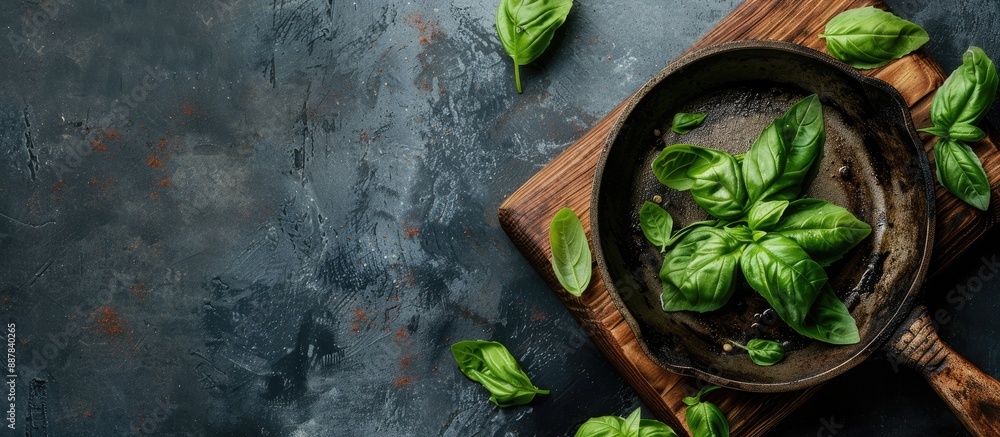 Poster a rustic wooden board adorned with a frying pan and vibrant basil leaves on a table creating an invi