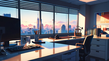 A sleek, minimalist office desk with a laptop, a cup of coffee, and some neatly arranged stationery, set against a contemporary office backdrop