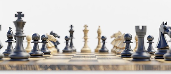 Chess pieces on a wooden chessboard with a black checkmate set against a white background in a closeup copy space image
