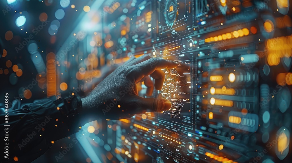 Aufkleber a hand interacts with a futuristic digital interface, representing advanced technology and innovatio