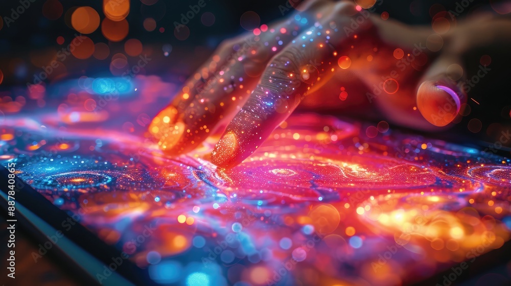 Aufkleber a hand interacts with a neon, futuristic digital interface with vibrant colors and glowing particles
