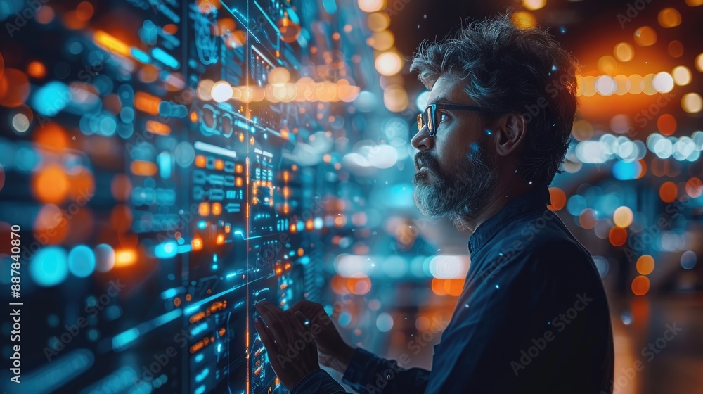 Poster a man in a modern office interacts with a digital screen displaying data and analytics, showcasing i
