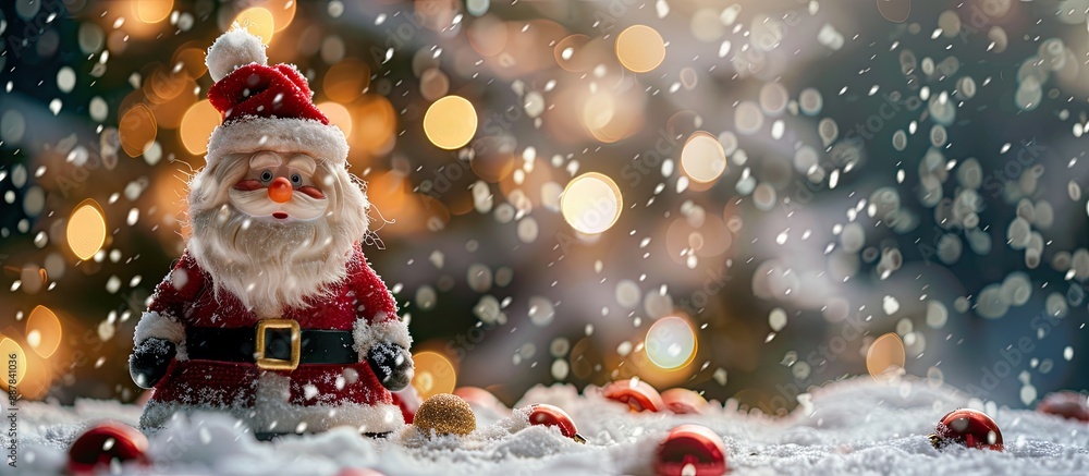 Poster santa claus toy figure in the snow with a christmas tree in the background conveying a winter and ne