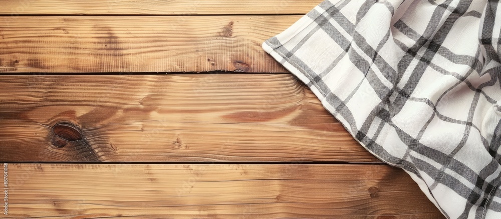 Aufkleber Top view mockup of an empty wooden table with a napkin as a tablecloth perfect for copy space image