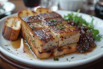 Foie Gras A slice of Foie Gras terrine served with toasted brioche and a fig chutney. Displayed on a white plate.