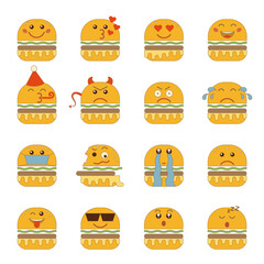Hamburger emoji set. Flat vintage cartoon retro style. For scrapbooking design, notepads, stickers, textiles, flyers. Vector illustration on white background.