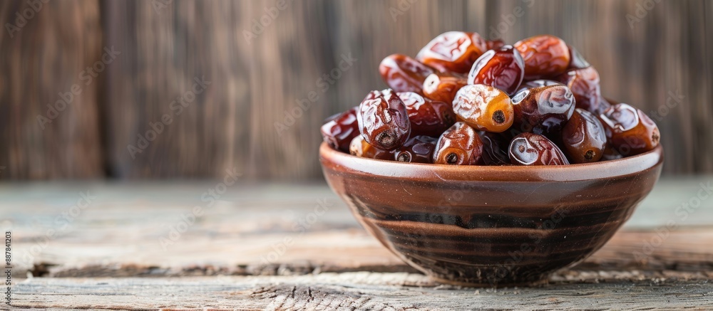 Poster valuable dried dates fruit displayed in a ceramic bowl on a rustic wooden table creating a visually 