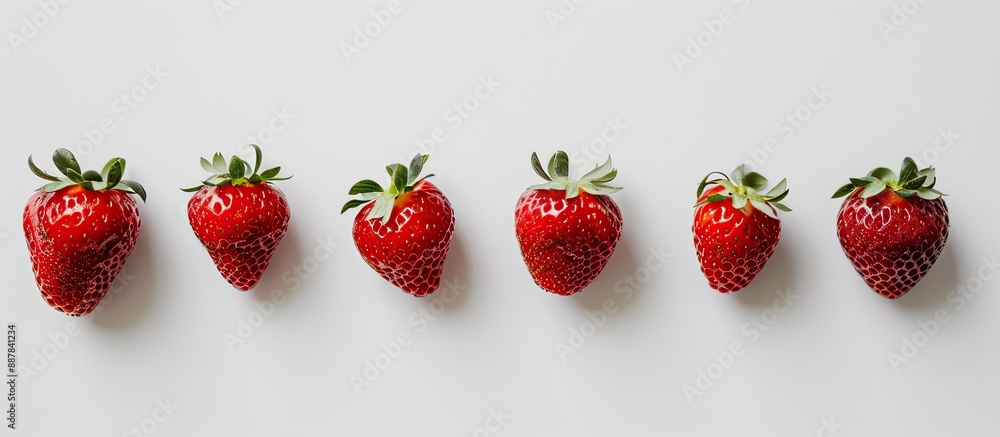 Poster a white backdrop displaying five vibrant red strawberries with copy space image integrated