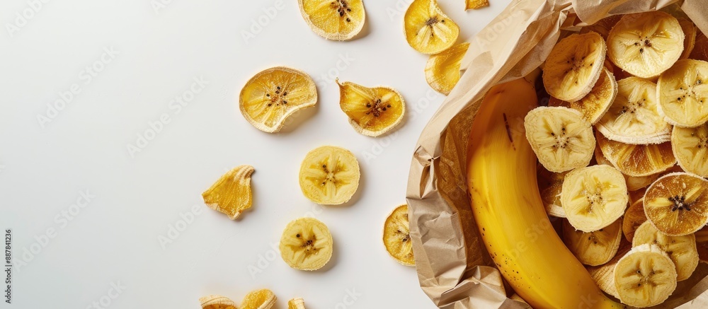 Aufkleber Banana and dried slices in a bag with ample copy space on a white backdrop