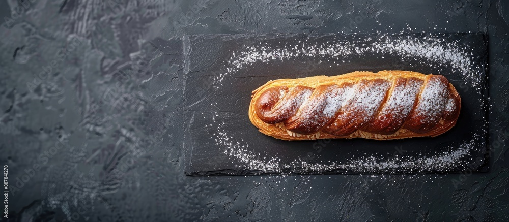 Fototapete french eclair a classic dessert on a dark slate backdrop providing room for text or images shot from
