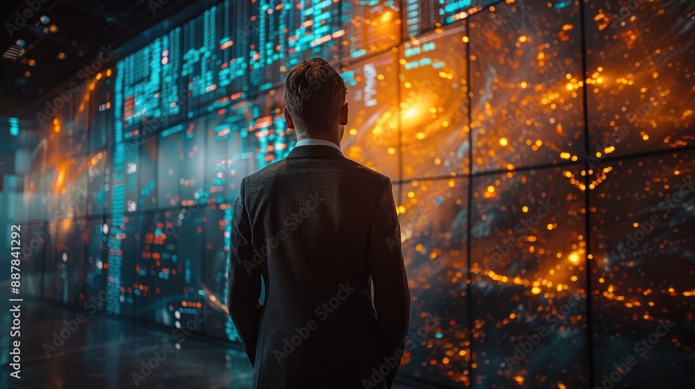 Aufkleber businessperson analyzing data visualizations on a large screen in a dark room, reflecting modern tec