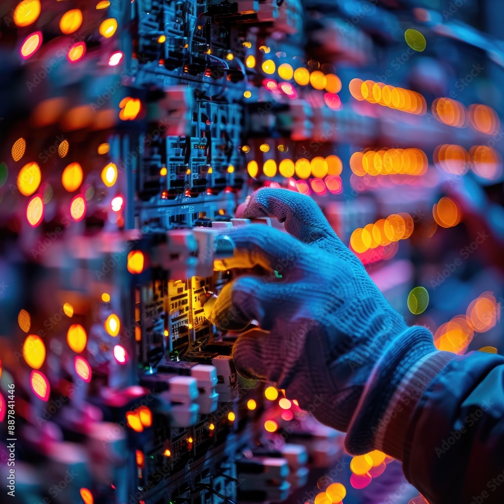 Poster close-up of a technician working on a server rack with glowing led lights, showcasing technology and