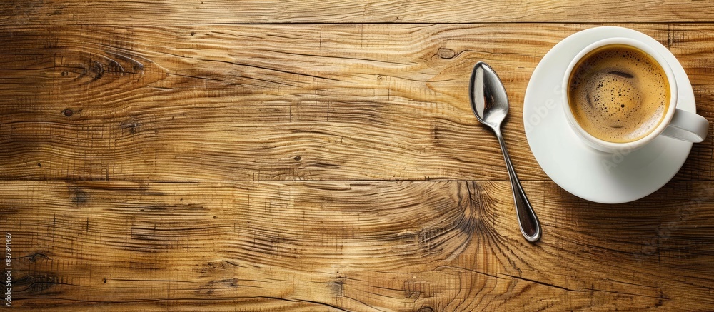 Poster Top view of a wooden table in a cafe with a cup of fragrant coffee a spoon and ample copy space image