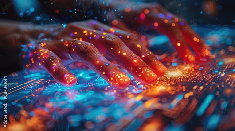 Aufkleber close-up of hands interacting with a digital touchscreen interface, with vibrant glowing data and fu