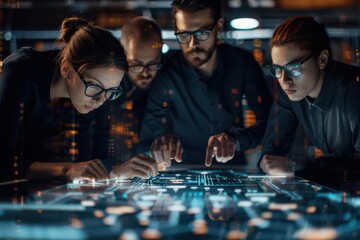 Business team brainstorming with futuristic holographic interface, management, innovative collaboration