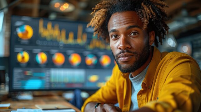Confident data analyst working with futuristic data visualization on a computer screen in a modern office environment.