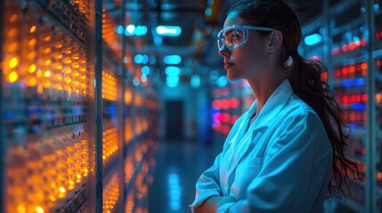 Female scientist in data center analyzing servers with futuristic technology and glowing lights, embodying innovation and research.