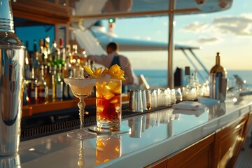 Close-up of a luxury yacht's bar area with fine drinks and a professional bartender