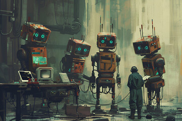 people working with robots
