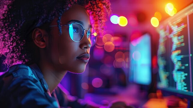 Focused woman with glasses coding on computer in vibrant neon-lit room, representing technology, programming, and cybersecurity.