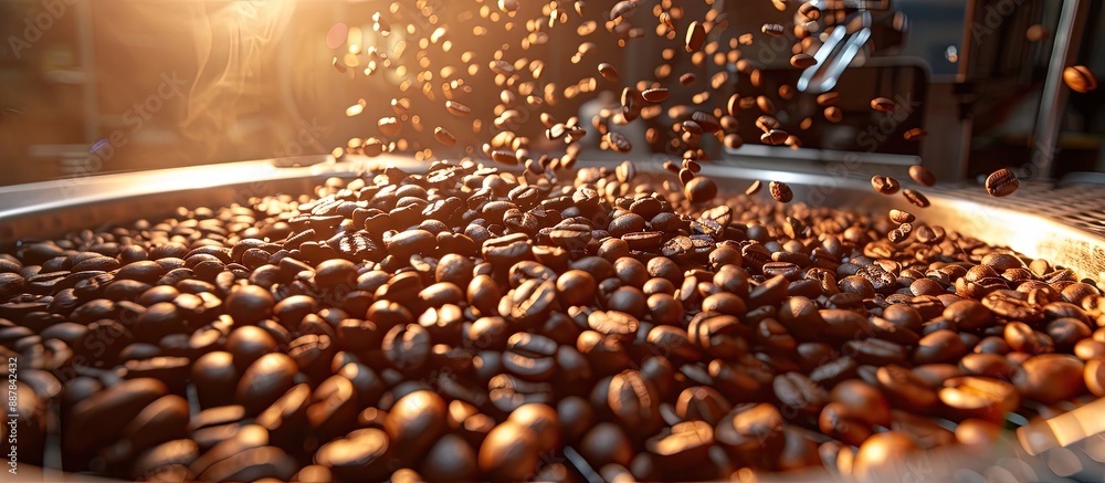 Poster dark roasted coffee beans in a coffee machine with spinning motion creating a background for the bev
