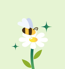 Illustration of Bees Pollinating White Flowers on a Green Background - Spring and Summer Nature Scene