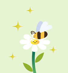 Illustration of Bees Pollinating White Flowers on a Green Background - Spring and Summer Nature Scene
