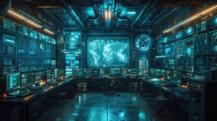 Futuristic command center with multiple screens, high-tech equipment, and digital world map displaying various data and real-time information.