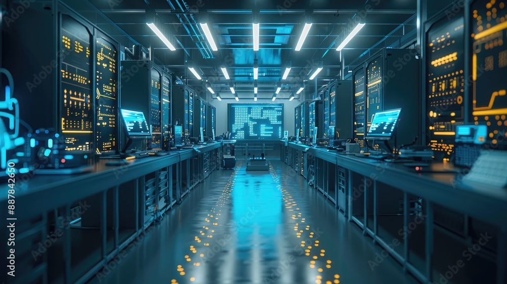 Aufkleber futuristic data center with advanced servers and glowing lights, showcasing modern technology infras