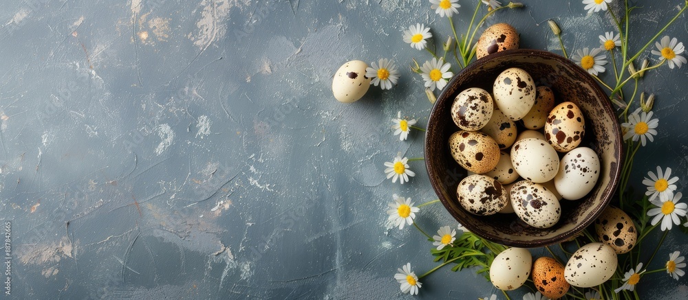 Poster fresh quail eggs arranged in an easter composition with a top view showcasing a copy space image