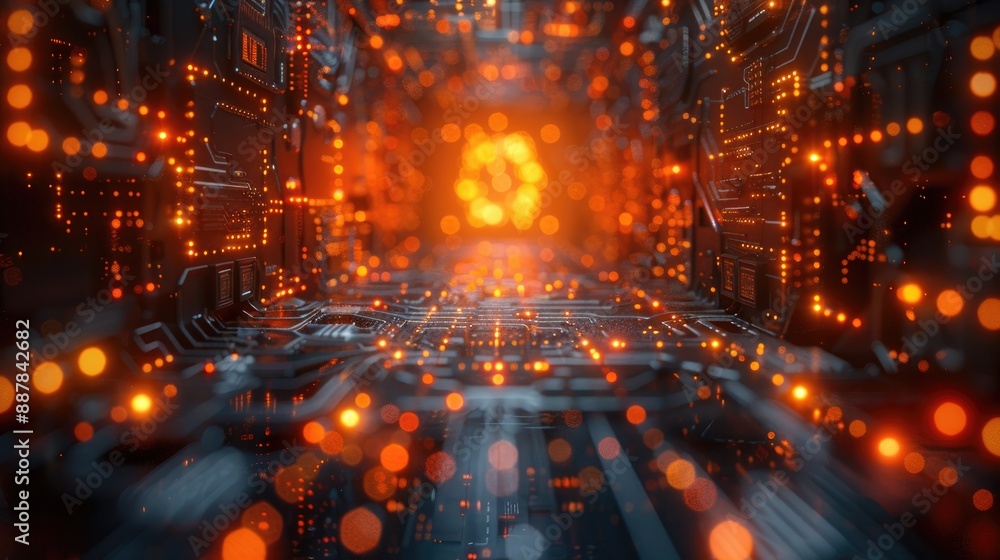 Aufkleber futuristic digital network with glowing orange lights and intricate circuitry, representing advanced