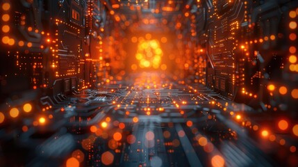 Fototapeta premium Futuristic digital network with glowing orange lights and intricate circuitry, representing advanced technology and data communication.