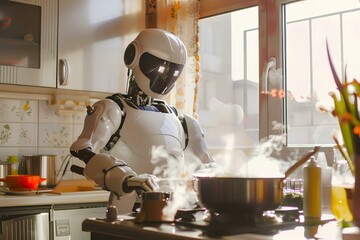 家庭で調理をする人型ロボット