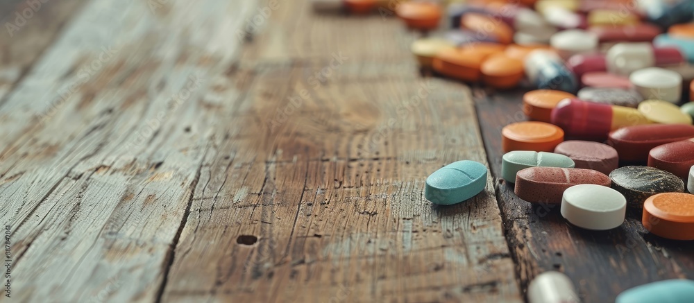 Poster Close up view of medication with a wooden table background and ample copy space image available