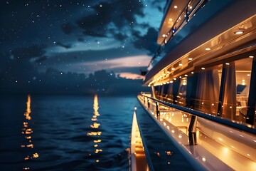 Fototapeta premium Close-up of a luxury yacht's night-time ambiance with soft lighting and a starry sky
