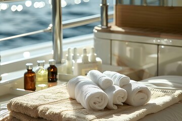 Close-up of a luxury yacht's onboard spa with a massage table and essential oils