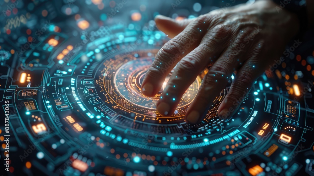Poster hand interacting with futuristic digital interface, representing advanced technology and innovation 