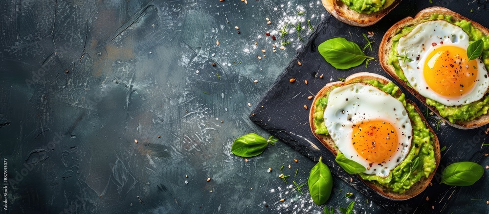 Aufkleber vegetarian avocado toast with egg on bread perfect for breakfast or lunch top view image with copy s