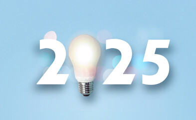 happy new year 2025. year 2025 with light bulb. creativity inspiration ,planning ideas concept
