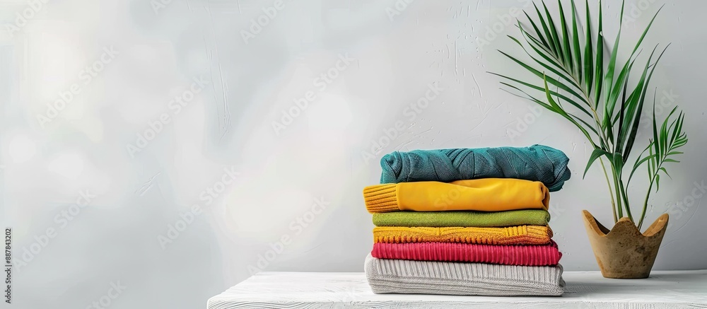 Poster Colorful clothes stack on white table with empty copy space image