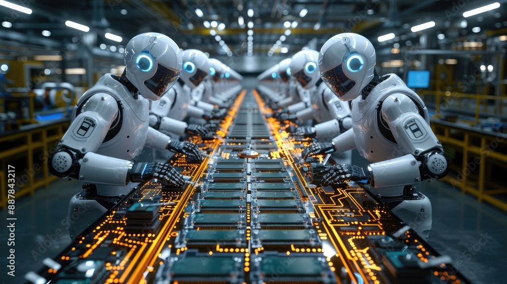 Aufkleber high-tech robots assembling electronic circuit boards on a production line, showcasing advanced manu