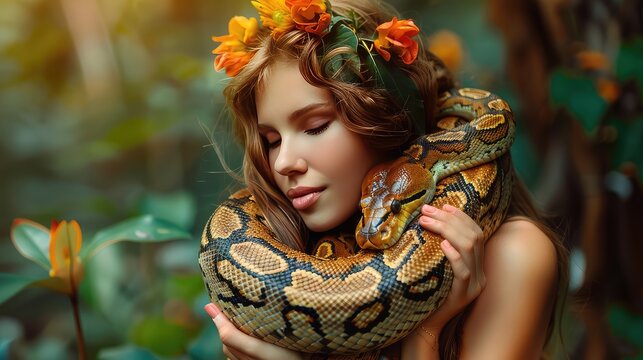 A woman hugs a snake in nature. Selective focus.