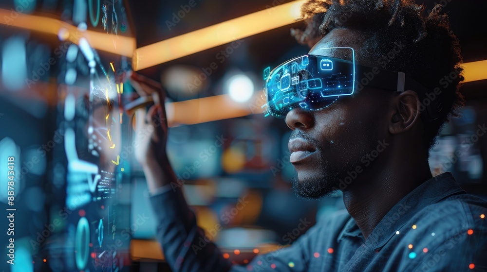 Poster man using augmented reality headset exploring digital interface in futuristic setting, blending tech