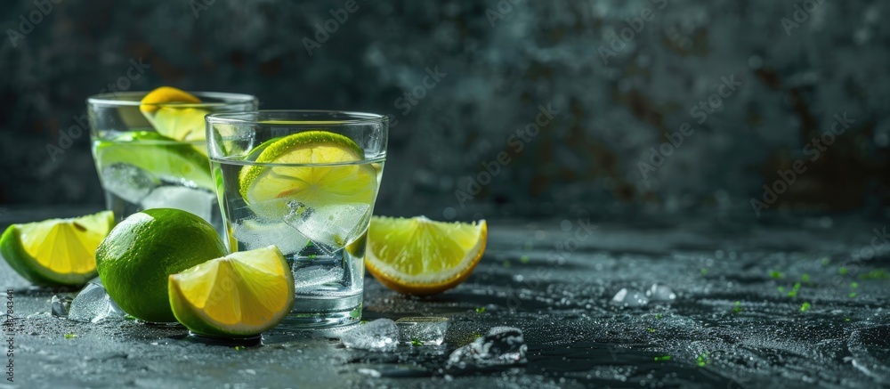 Fototapete two shots of vodka with lime and lemon displayed on a dark backdrop providing copy space image
