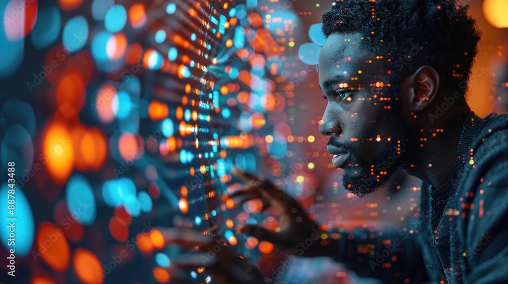 Poster man interacting with a futuristic digital interface, surrounded by vibrant light patterns and hologr